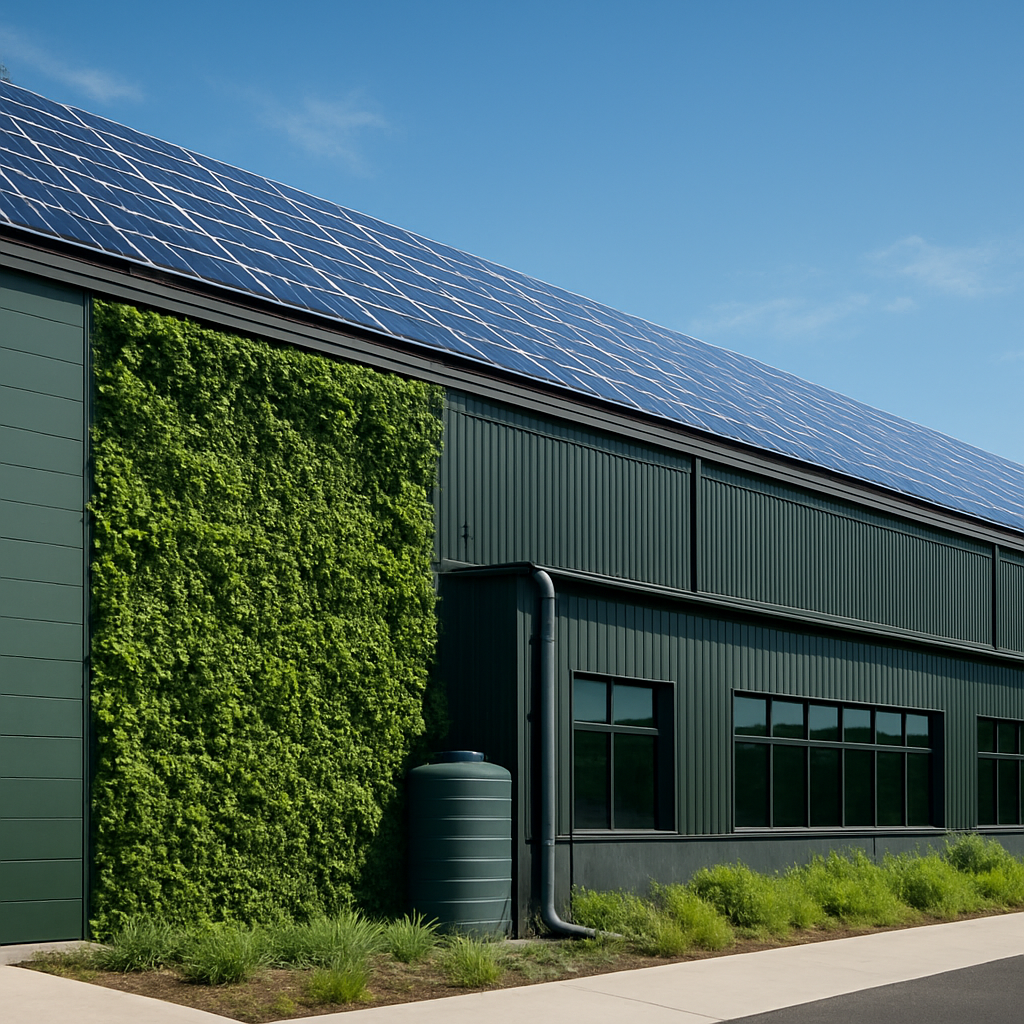 Sustainable building with solar panels and a green living wall by FLUX Projects